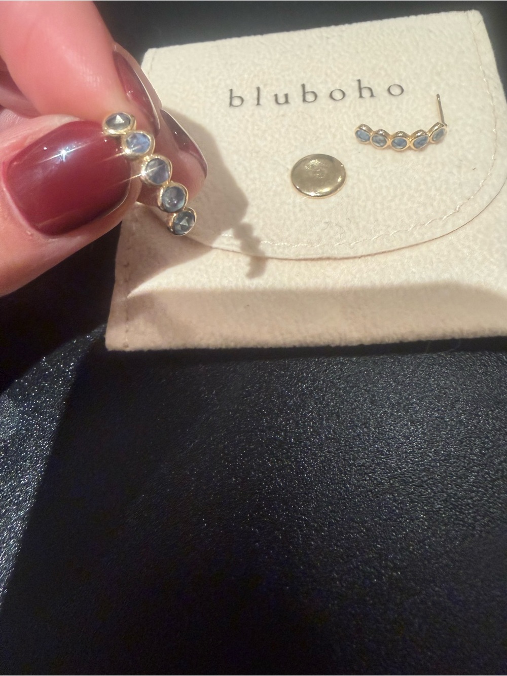 bluboho Blu Sapphire Five Stone Mood Hoop. Ear Climber with Blue Stones